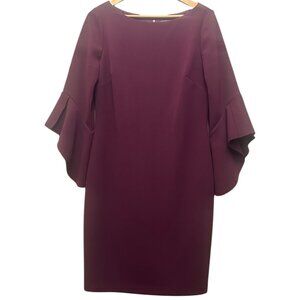 Vince Camuto Stretch Dress Solid Purple Kick Pleat Bell Sleeves Size 14